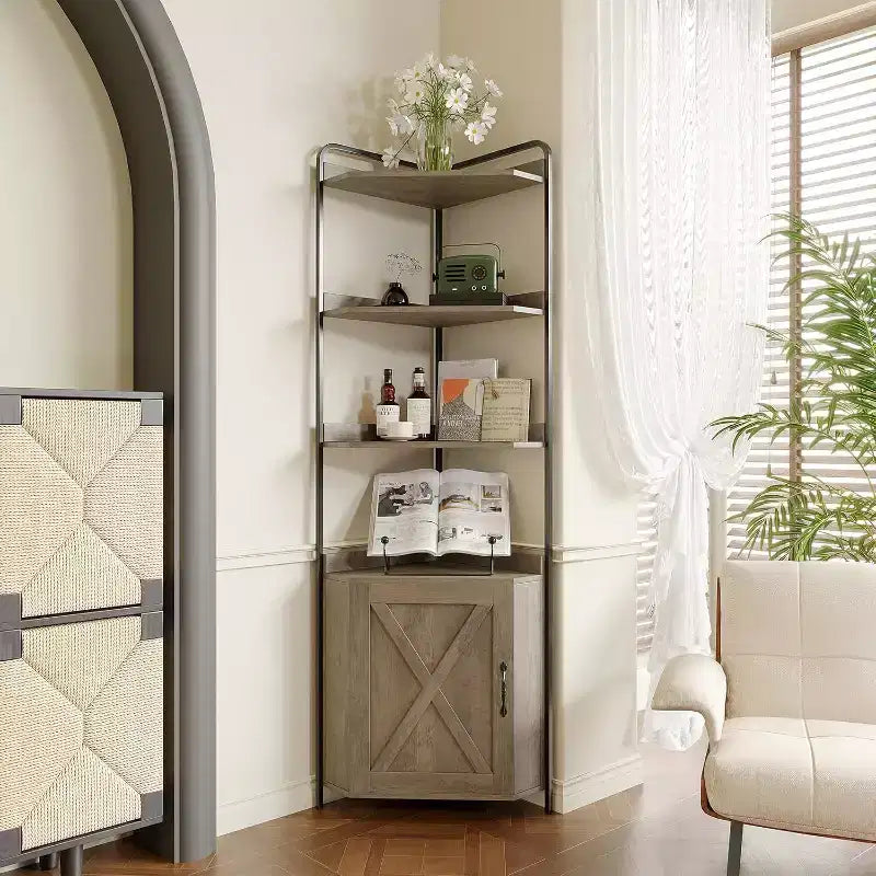 Scaffale angolare in metallo nero e effetto legno, 4 ripiani, montaggio per una sola persona – 42×42×180 cm