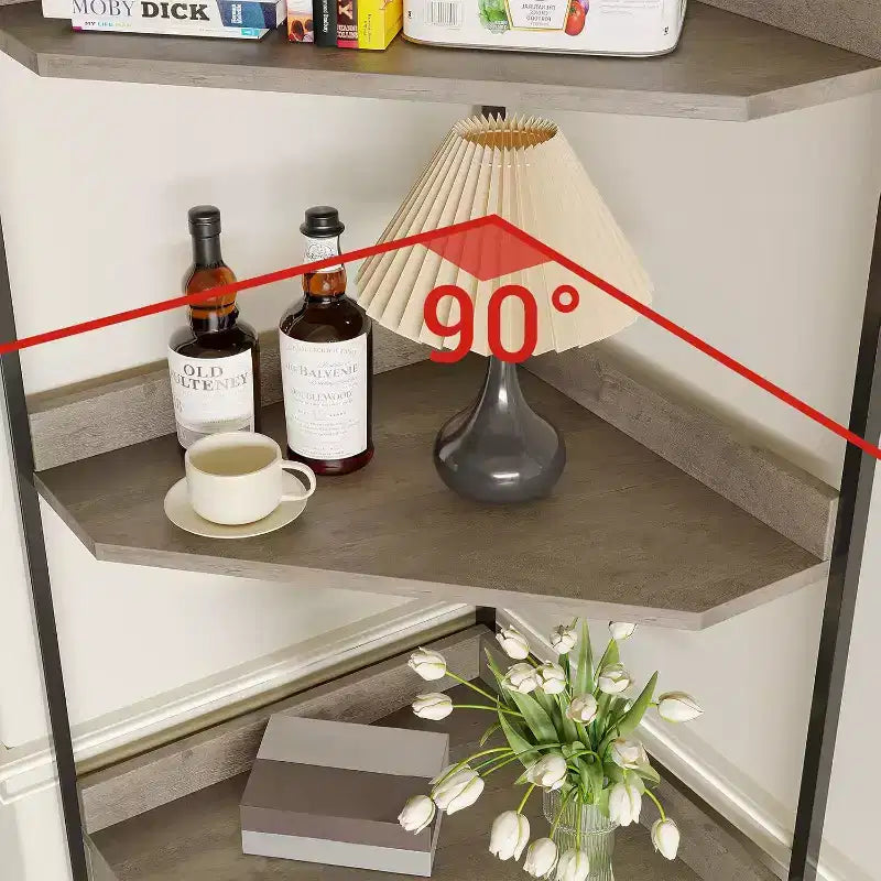 Scaffale angolare in metallo nero e effetto legno, 4 ripiani, montaggio per una sola persona – 42×42×180 cm