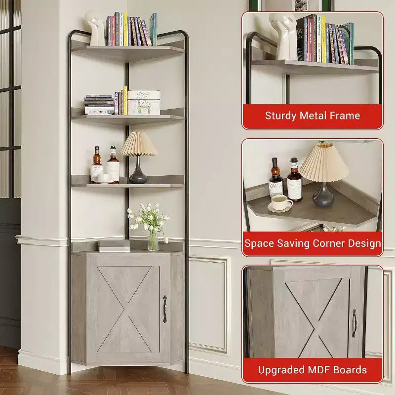 Scaffale angolare in metallo nero e effetto legno, 4 ripiani, montaggio per una sola persona – 42×42×180 cm