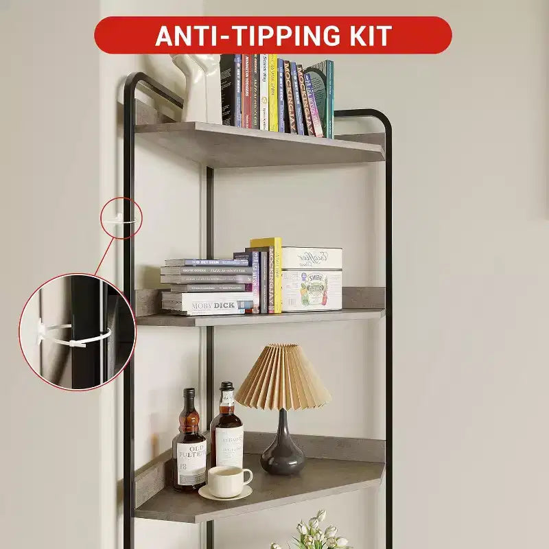 Scaffale angolare in metallo nero e effetto legno, 4 ripiani, montaggio per una sola persona – 42×42×180 cm