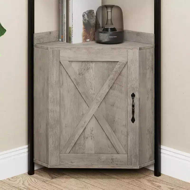 Scaffale angolare in metallo nero e effetto legno, 4 ripiani, montaggio per una sola persona – 42×42×180 cm
