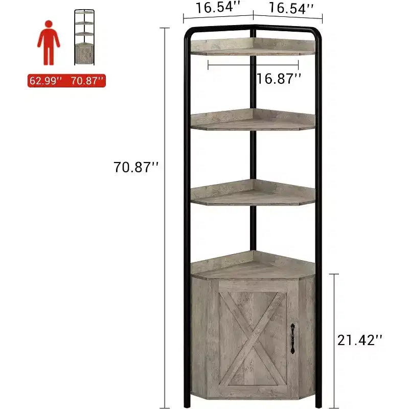 Scaffale angolare in metallo nero e effetto legno, 4 ripiani, montaggio per una sola persona – 42×42×180 cm