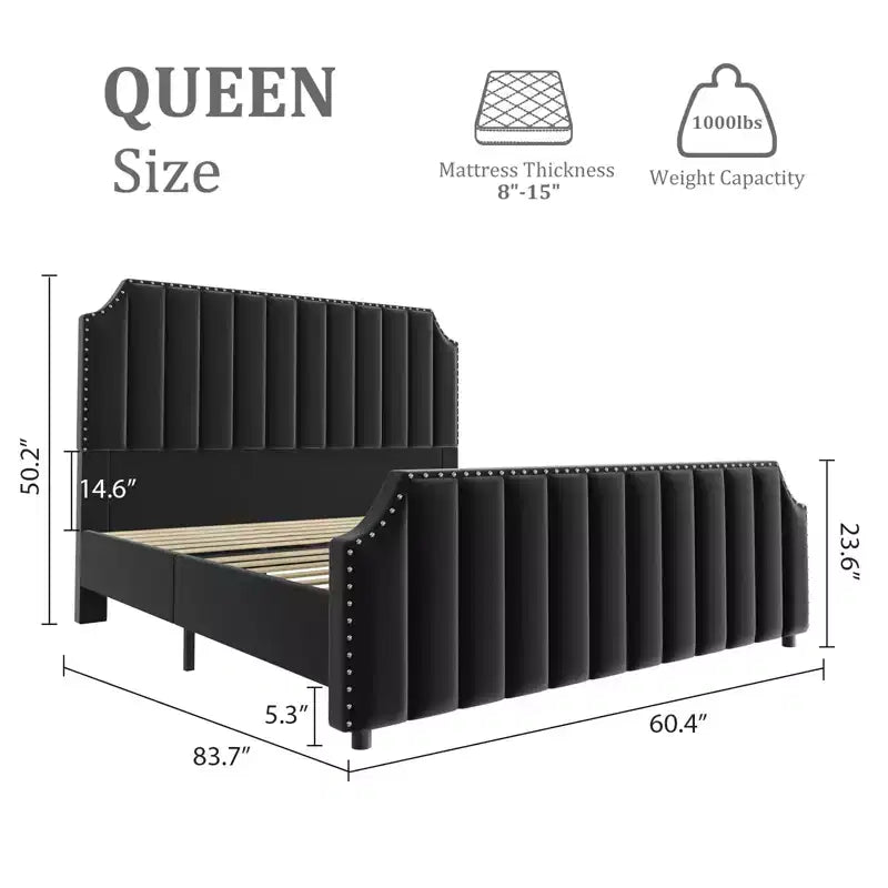 Struttura letto a piattaforma in velluto nero con testiera capitonné, Queen/King, 1 persona