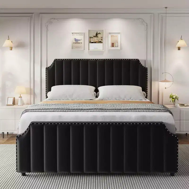 Struttura letto a piattaforma in velluto nero con testiera capitonné, Queen/King, 1 persona