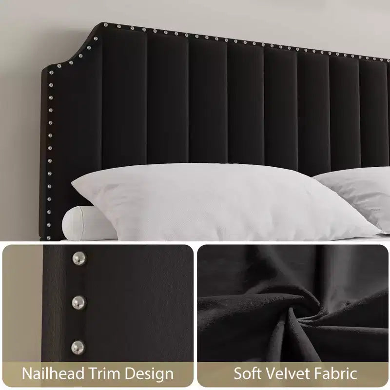 Struttura letto a piattaforma in velluto nero con testiera capitonné, Queen/King, 1 persona
