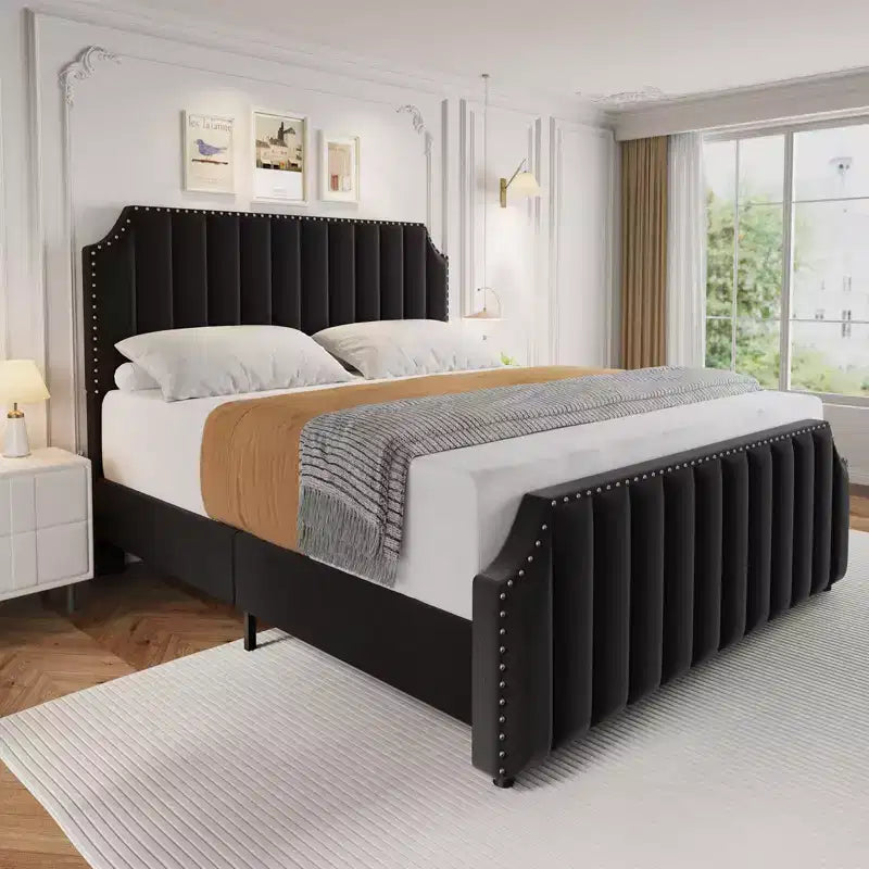 Struttura letto a piattaforma in velluto nero con testiera capitonné, Queen/King, 1 persona