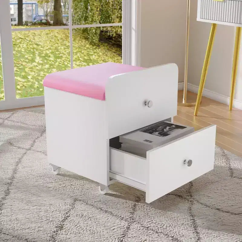 Sgabello da toeletta verde/bianco con cassetto e ruote bloccabili, monoposto