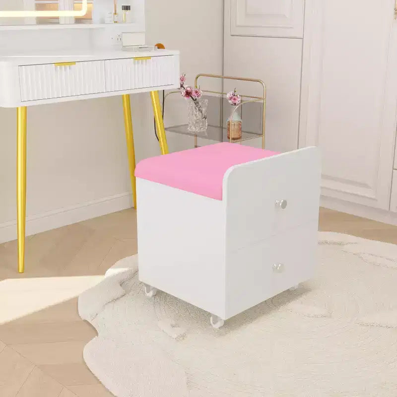 Sgabello da toeletta verde/bianco con cassetto e ruote bloccabili, monoposto