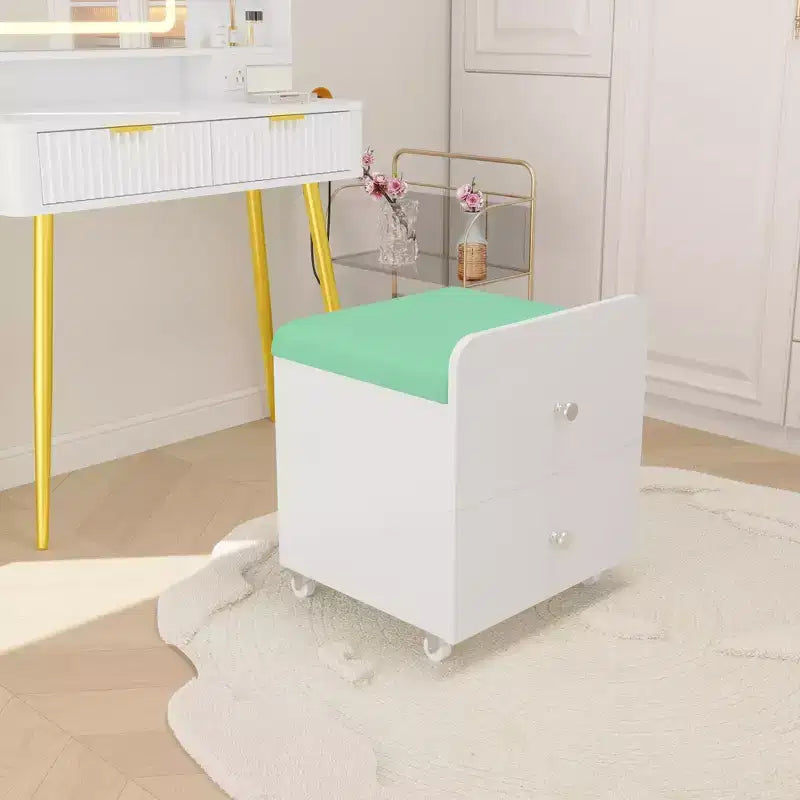 Sgabello da toeletta verde/bianco con cassetto e ruote bloccabili, monoposto