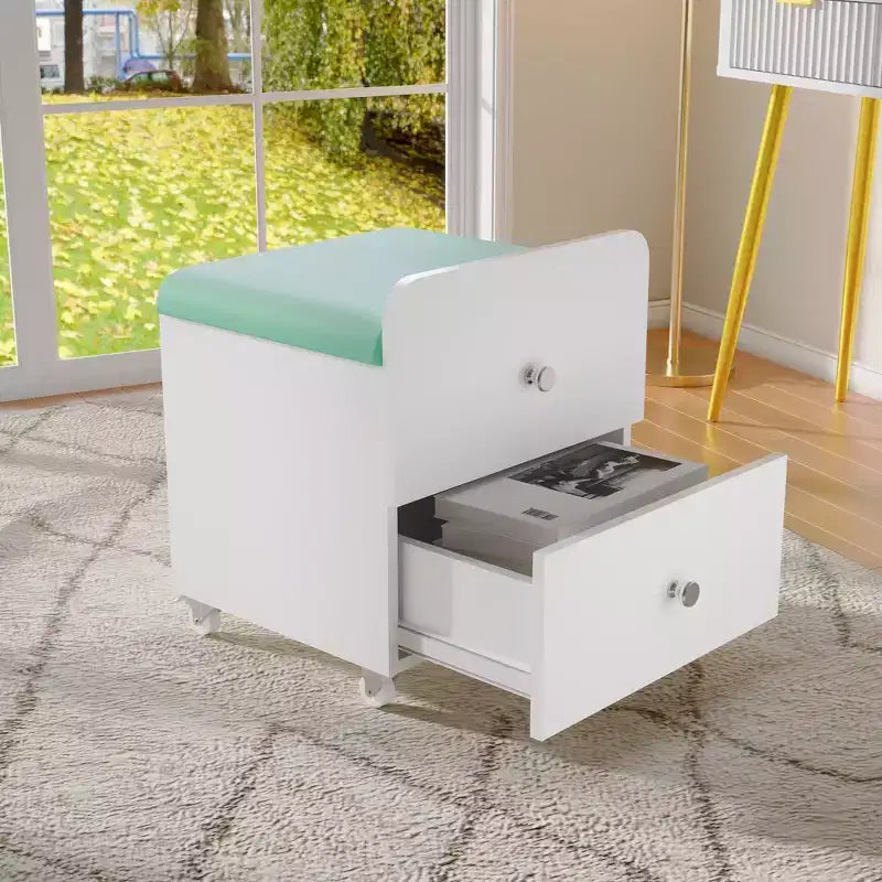 Sgabello da toeletta verde/bianco con cassetto e ruote bloccabili, monoposto