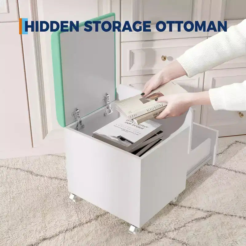 Sgabello da toeletta verde/bianco con cassetto e ruote bloccabili, monoposto