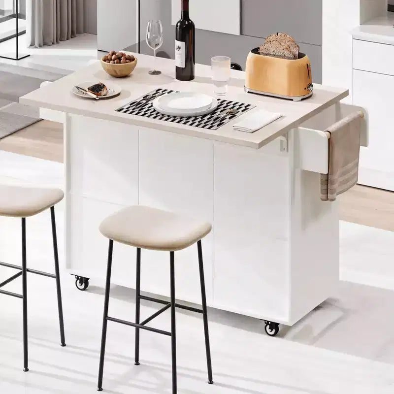 Carrello da Cucina Mobile Bianco con Piano a Scomparsa, Cassetti e Cestino, 1 Persona