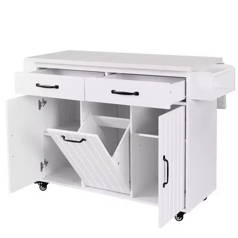 Carrello da Cucina Mobile Bianco con Piano a Scomparsa, Cassetti e Cestino, 1 Persona