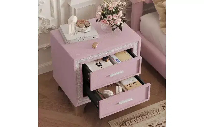 Comodino con 2 cassetti in velluto beige/grigio/rosa con gambe in metallo, singolo