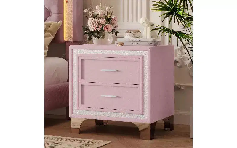 Comodino con 2 cassetti in velluto beige/grigio/rosa con gambe in metallo, singolo