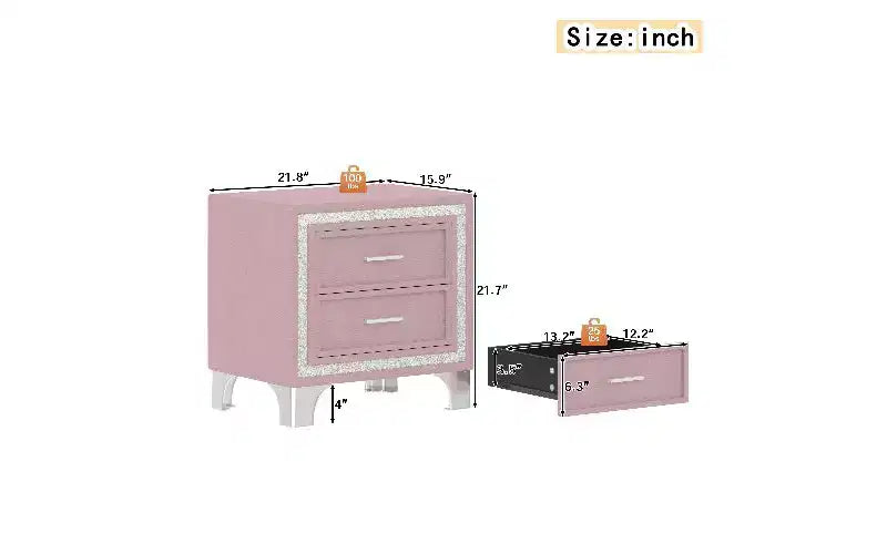 Comodino con 2 cassetti in velluto beige/grigio/rosa con gambe in metallo, singolo