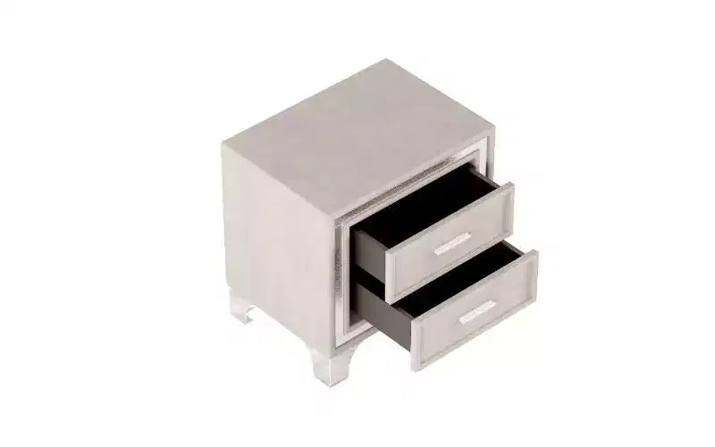 Comodino con 2 cassetti in velluto beige/grigio/rosa con gambe in metallo, singolo
