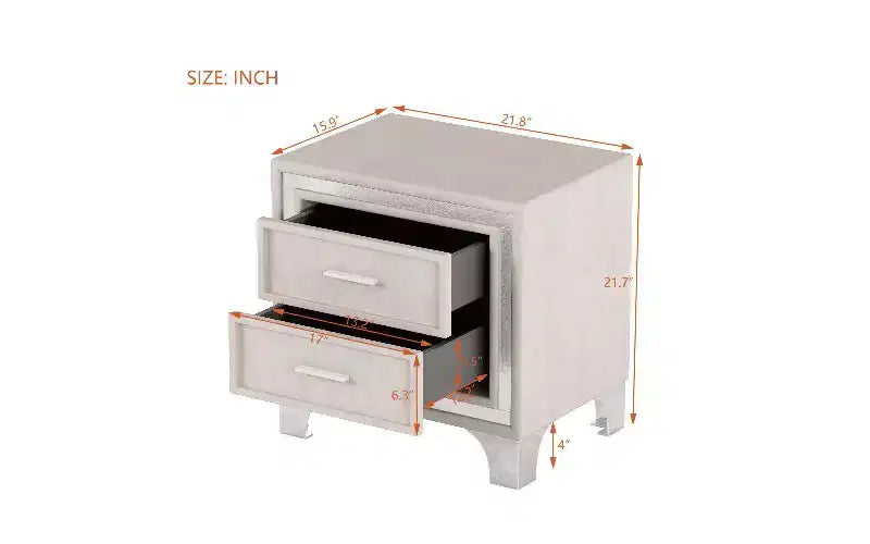 Comodino con 2 cassetti in velluto beige/grigio/rosa con gambe in metallo, singolo