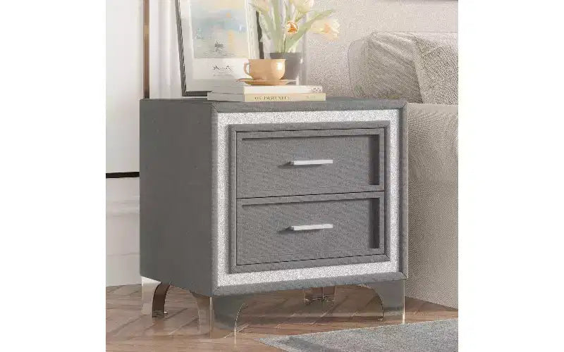 Comodino con 2 cassetti in velluto beige/grigio/rosa con gambe in metallo, singolo