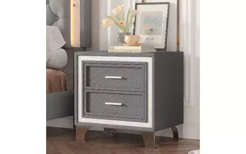 Comodino con 2 cassetti in velluto beige/grigio/rosa con gambe in metallo, singolo