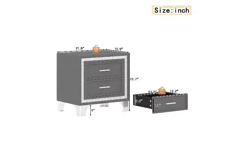Comodino con 2 cassetti in velluto beige/grigio/rosa con gambe in metallo, singolo