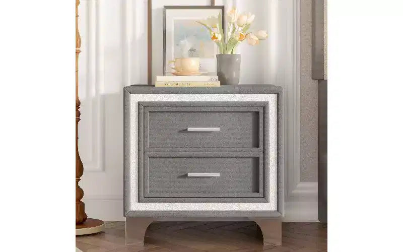 Comodino con 2 cassetti in velluto beige/grigio/rosa con gambe in metallo, singolo