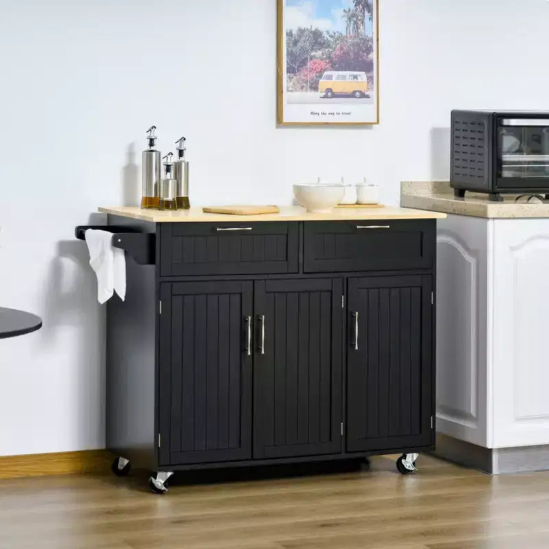 Carrello da cucina su ruote nero con contenitore, 2 cassetti e 3 ante, per 1 persona