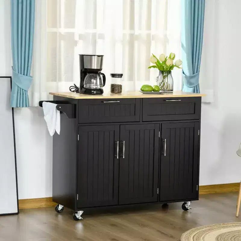 Carrello da cucina su ruote nero con contenitore, 2 cassetti e 3 ante, per 1 persona