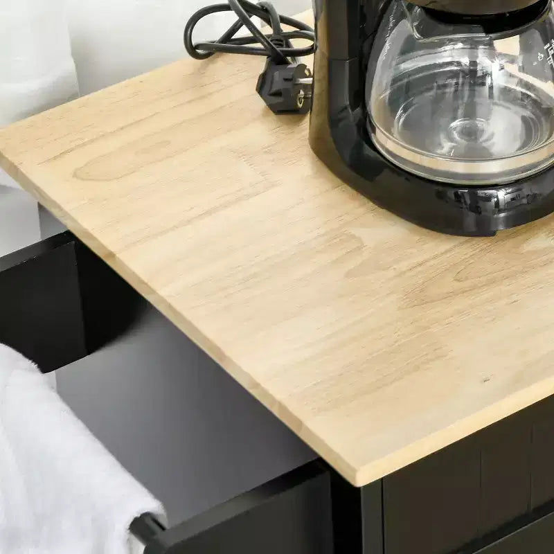 Carrello da cucina su ruote nero con contenitore, 2 cassetti e 3 ante, per 1 persona