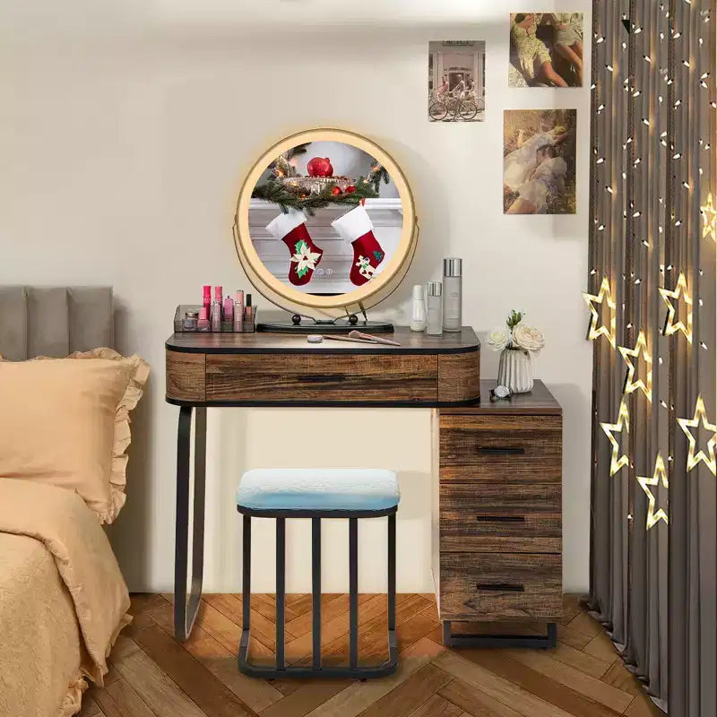 Set da toeletta a LED marrone e bianco con sgabello, per 1