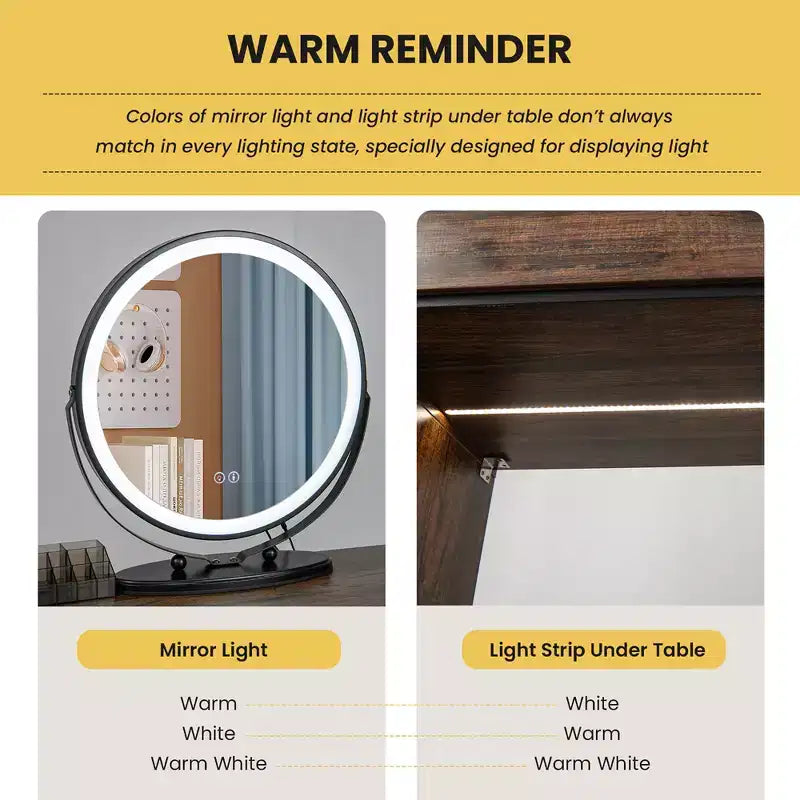 Set da toeletta a LED marrone e bianco con sgabello, per 1