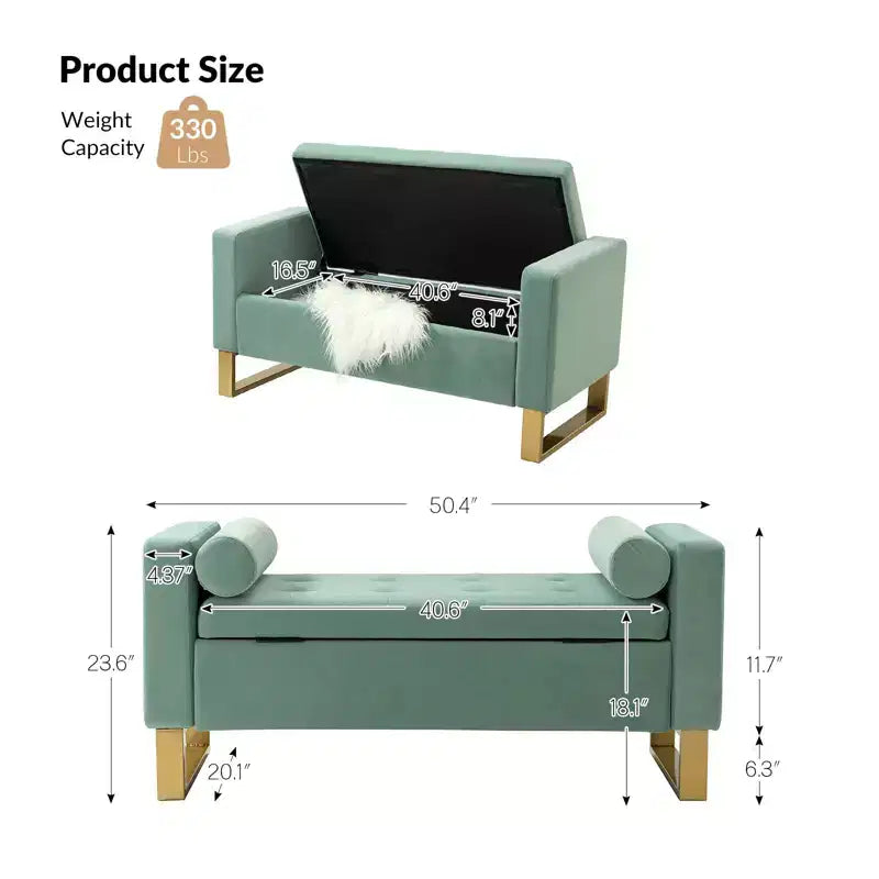 Panca contenitore imbottita verde salvia, rettangolare, 1 posto