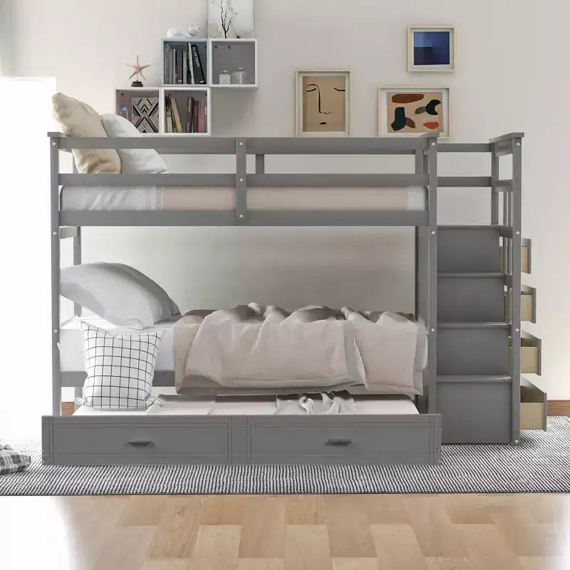 Letto a Castello Twin-over-Twin Espresso/Grigio/Bianco con Cassetti, Letto Estraibile e Scala, 3 Posti Letto