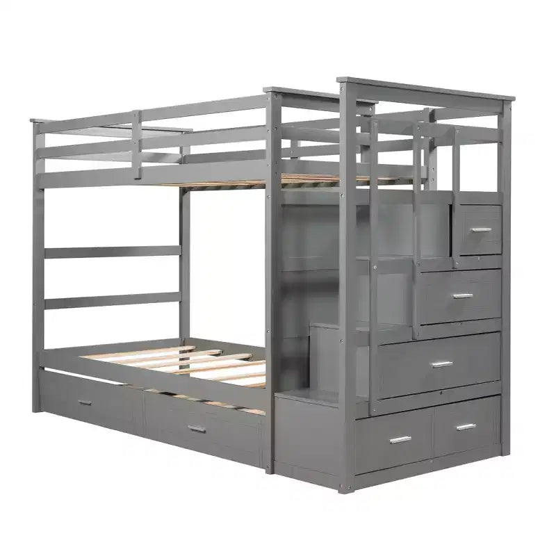 Letto a Castello Twin-over-Twin Espresso/Grigio/Bianco con Cassetti, Letto Estraibile e Scala, 3 Posti Letto