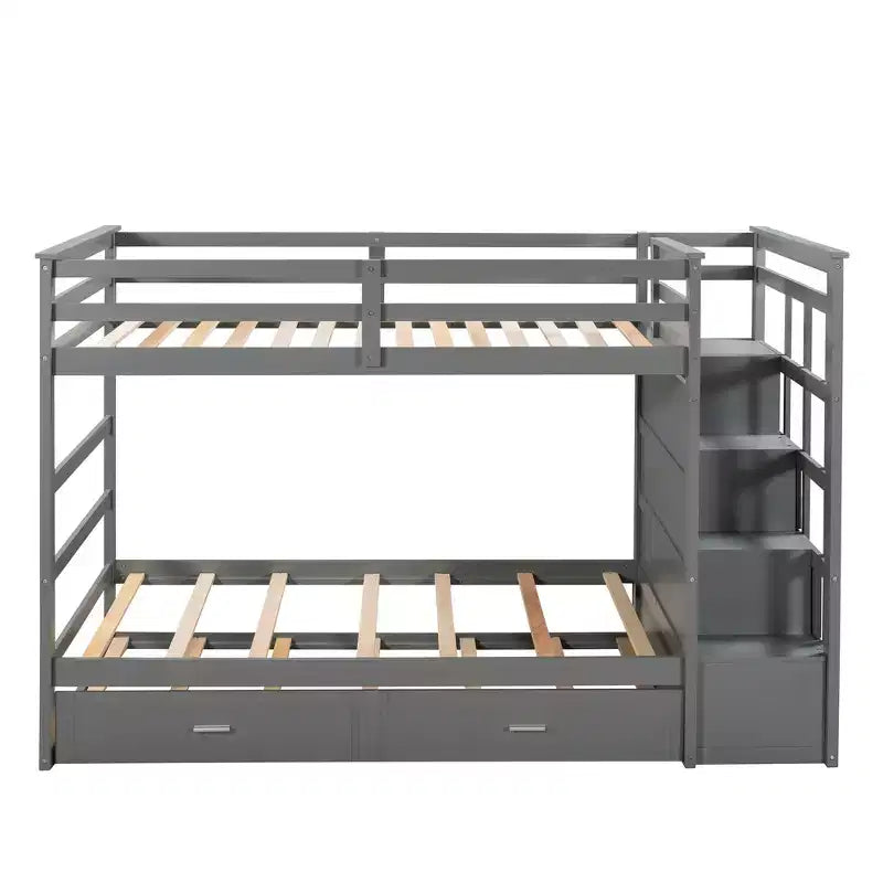 Letto a Castello Twin-over-Twin Espresso/Grigio/Bianco con Cassetti, Letto Estraibile e Scala, 3 Posti Letto