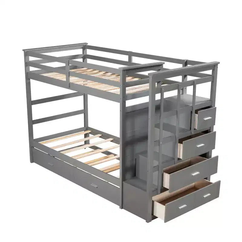 Letto a Castello Twin-over-Twin Espresso/Grigio/Bianco con Cassetti, Letto Estraibile e Scala, 3 Posti Letto