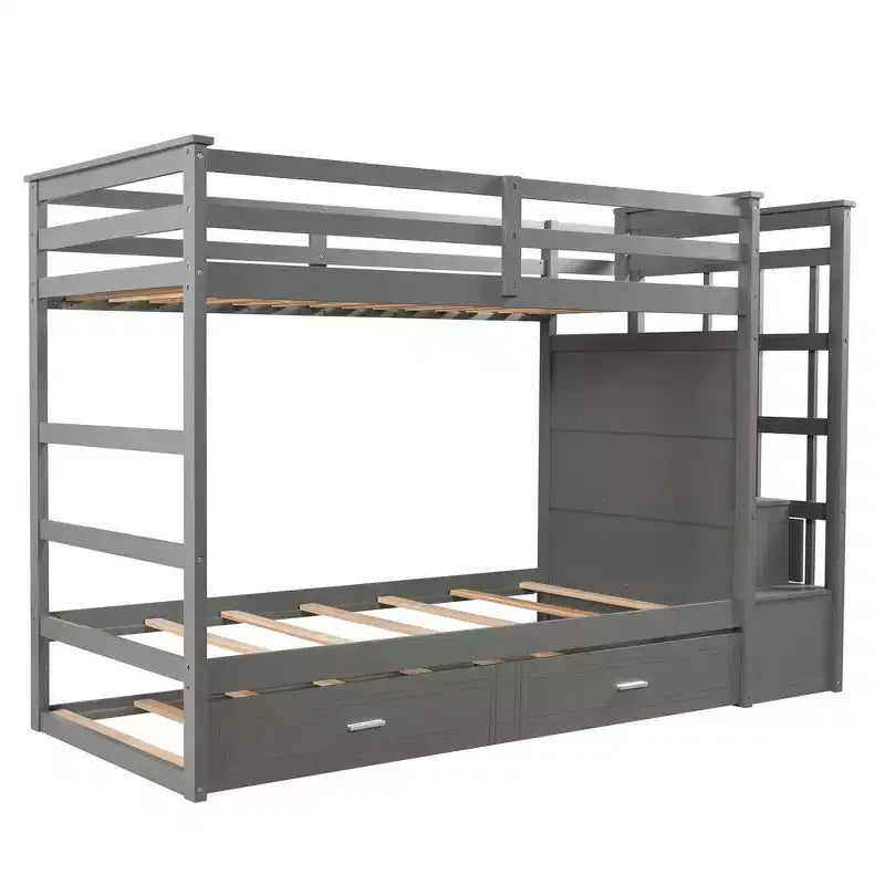 Letto a Castello Twin-over-Twin Espresso/Grigio/Bianco con Cassetti, Letto Estraibile e Scala, 3 Posti Letto