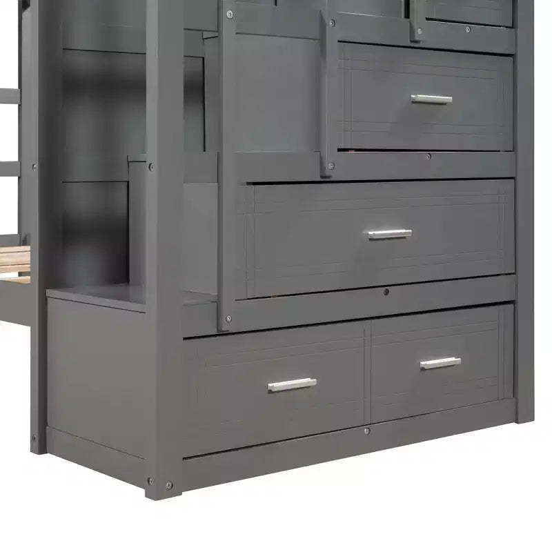 Letto a Castello Twin-over-Twin Espresso/Grigio/Bianco con Cassetti, Letto Estraibile e Scala, 3 Posti Letto