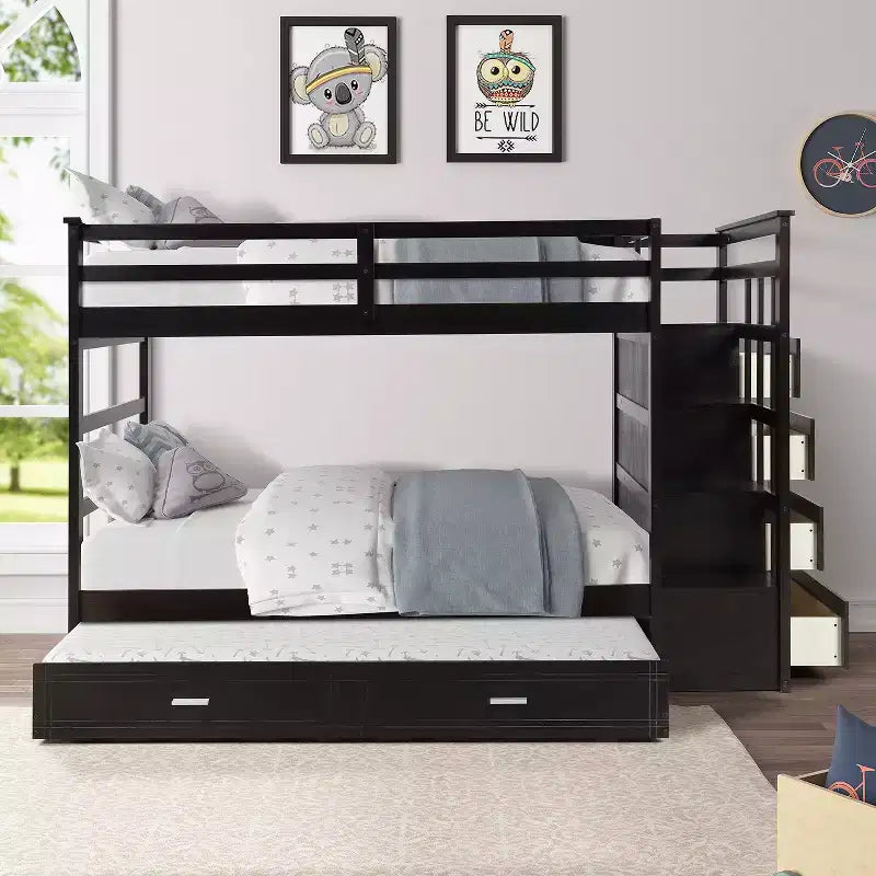 Letto a Castello Twin-over-Twin Espresso/Grigio/Bianco con Cassetti, Letto Estraibile e Scala, 3 Posti Letto