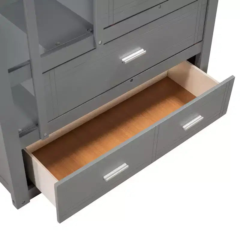 Letto a Castello Twin-over-Twin Espresso/Grigio/Bianco con Cassetti, Letto Estraibile e Scala, 3 Posti Letto