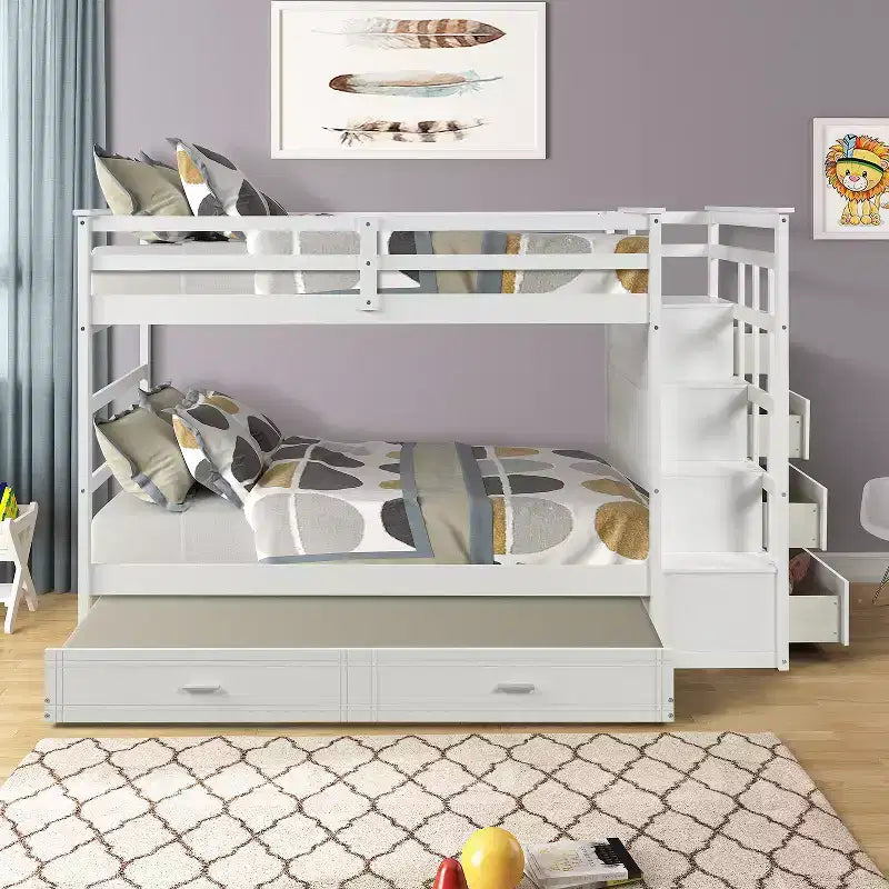 Letto a Castello Twin-over-Twin Espresso/Grigio/Bianco con Cassetti, Letto Estraibile e Scala, 3 Posti Letto
