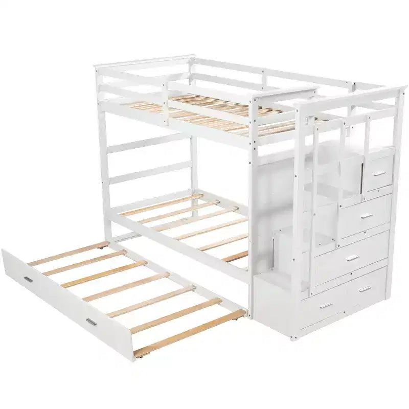 Letto a Castello Twin-over-Twin Espresso/Grigio/Bianco con Cassetti, Letto Estraibile e Scala, 3 Posti Letto