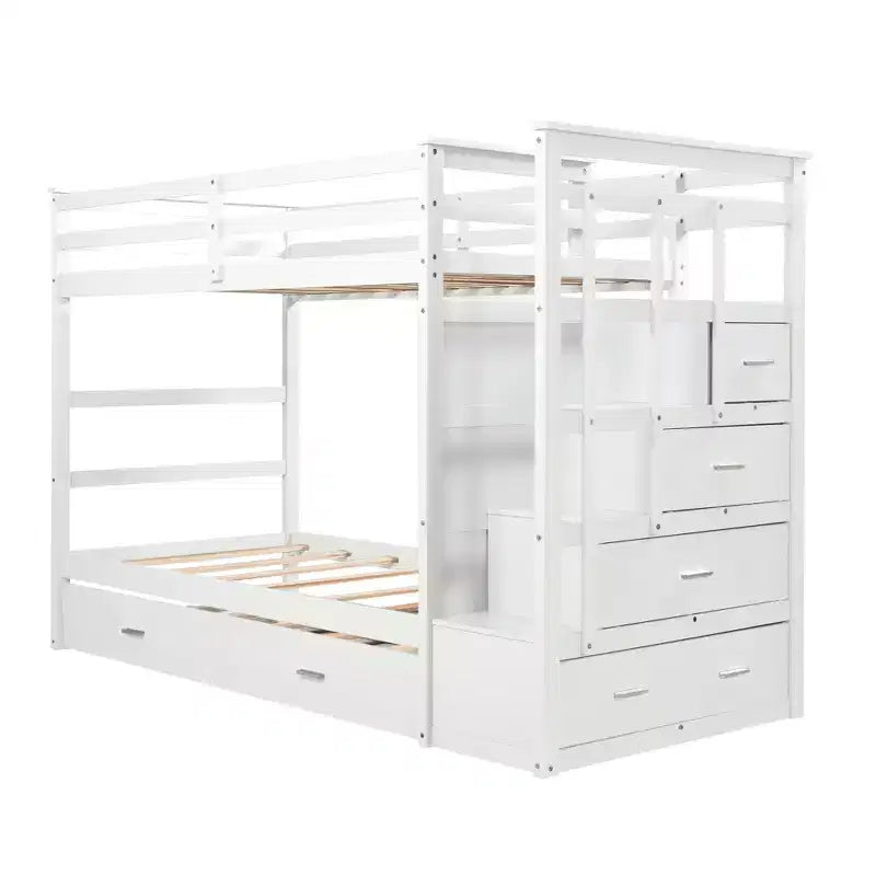 Letto a Castello Twin-over-Twin Espresso/Grigio/Bianco con Cassetti, Letto Estraibile e Scala, 3 Posti Letto