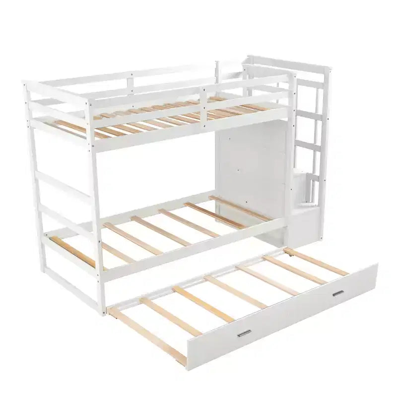 Letto a Castello Twin-over-Twin Espresso/Grigio/Bianco con Cassetti, Letto Estraibile e Scala, 3 Posti Letto