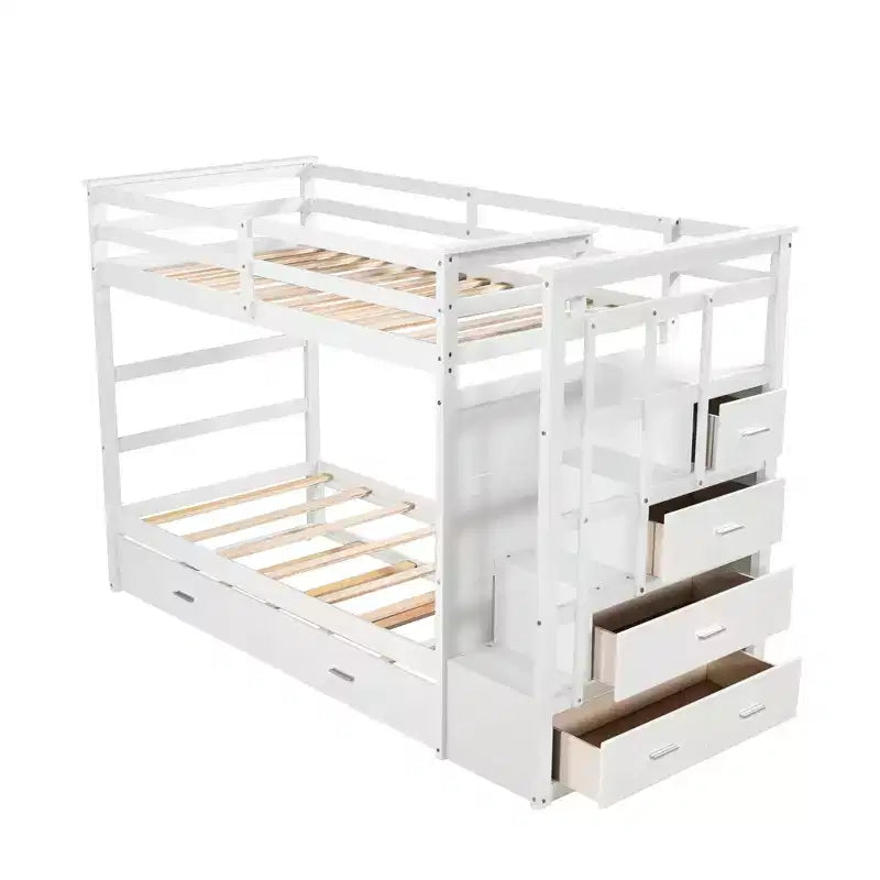 Letto a Castello Twin-over-Twin Espresso/Grigio/Bianco con Cassetti, Letto Estraibile e Scala, 3 Posti Letto