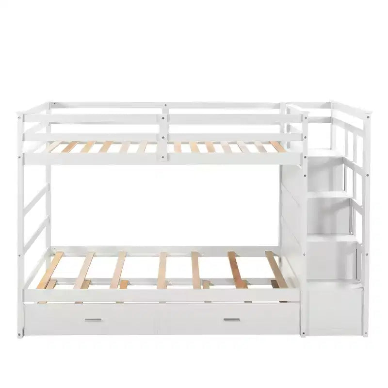 Letto a Castello Twin-over-Twin Espresso/Grigio/Bianco con Cassetti, Letto Estraibile e Scala, 3 Posti Letto