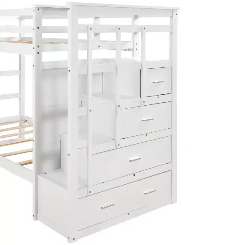 Letto a Castello Twin-over-Twin Espresso/Grigio/Bianco con Cassetti, Letto Estraibile e Scala, 3 Posti Letto