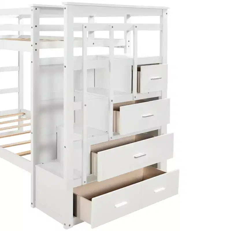 Letto a Castello Twin-over-Twin Espresso/Grigio/Bianco con Cassetti, Letto Estraibile e Scala, 3 Posti Letto
