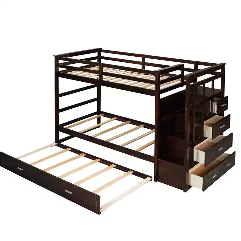 Letto a Castello Twin-over-Twin Espresso/Grigio/Bianco con Cassetti, Letto Estraibile e Scala, 3 Posti Letto