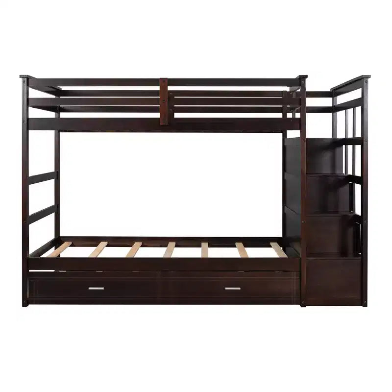 Letto a Castello Twin-over-Twin Espresso/Grigio/Bianco con Cassetti, Letto Estraibile e Scala, 3 Posti Letto